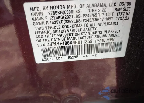 2009 Honda Pilot Ex-L z USA, uszkodzony, nr VIN 5FNYF486X9B011359
